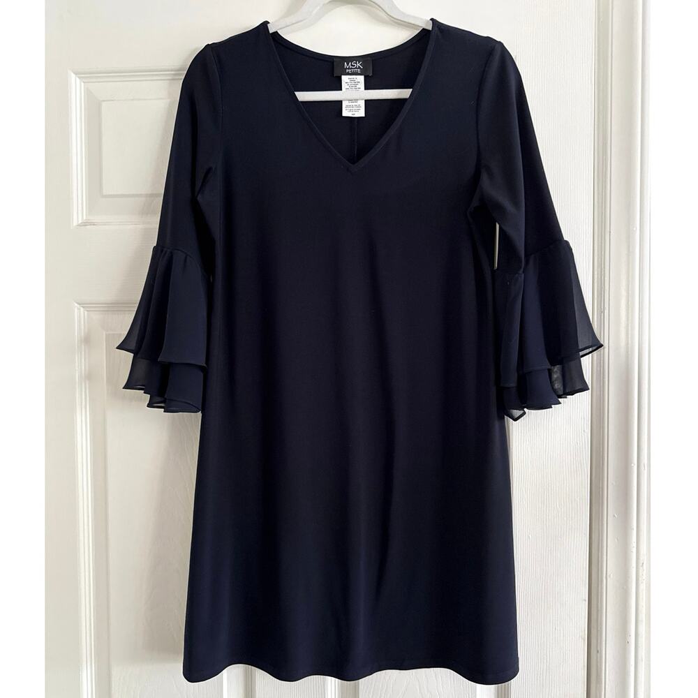 MSK Petite Navy Blue Shift Dress Size MP Ruffled Bell Sleeves V Neck Mini Party